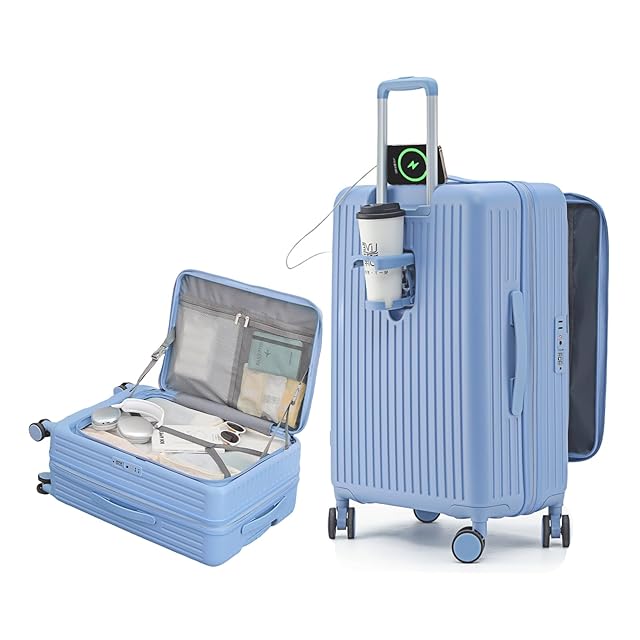 Manatsulife キャリーケース 旅行 出張 スーツケース 軽量 フロントオープン カップホルダー付き USBポート付 PC収納 乾湿 Manatsulife キャリーケース スーツケース 旅行 出張 耐衝撃 カップ