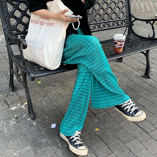 チェック柄 ハイウエスト ワイドパンツ ボトムス パンツ ズボン ストレートパンツ ロング ロング丈 ストレート ワイド リブ ウエストゴム 伸縮性 薄手 かわいい 大人可愛い カジュアル 大人 おしゃれ お洒落 かっこいい 大人女子 こなれ感 ラフ ボーイッシュ ルーズ 個性的 クール 柄 格子柄 春 夏 秋 10代 20代 レディース 通勤 学生 通学 デート お出かけ 女子会 休日 旅行 着回し 普段使い 韓国 韓国系 オルチャン 楽ちん ゆったり ゆる フリーサイズ 緑 グリーン