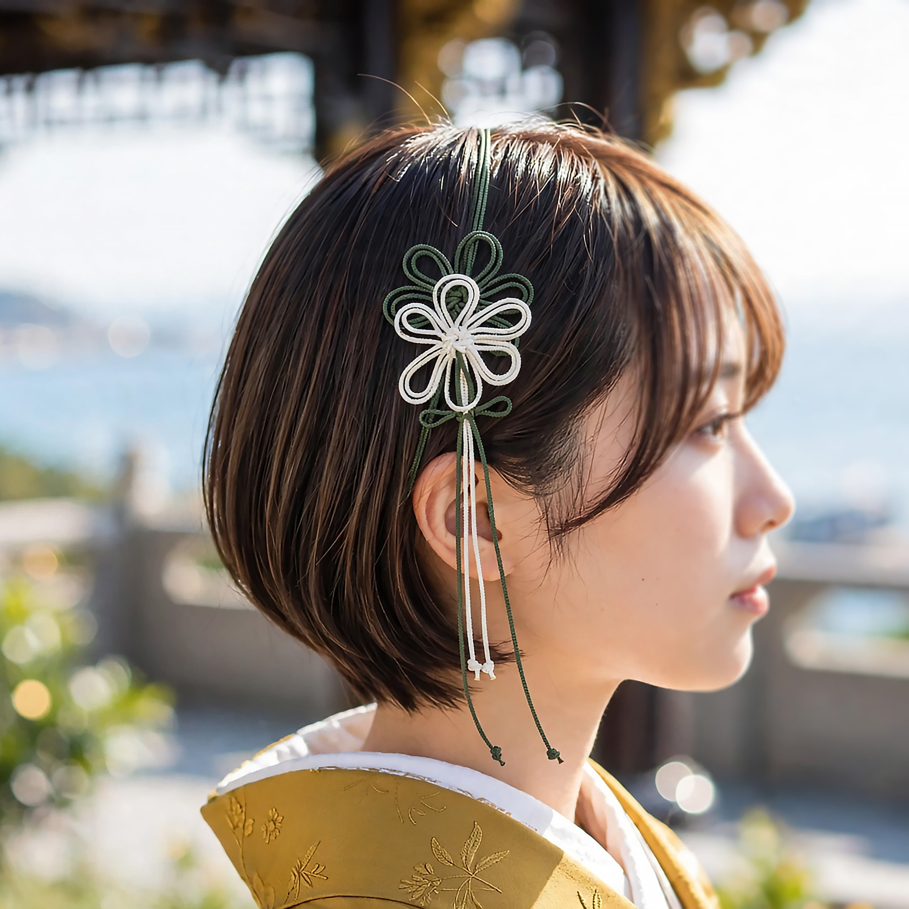 飾り結びカチューム「問ヒツタフ術」(深緑×アイボリー)【軽量・簡単】浴衣や着物、日常使いにも。
