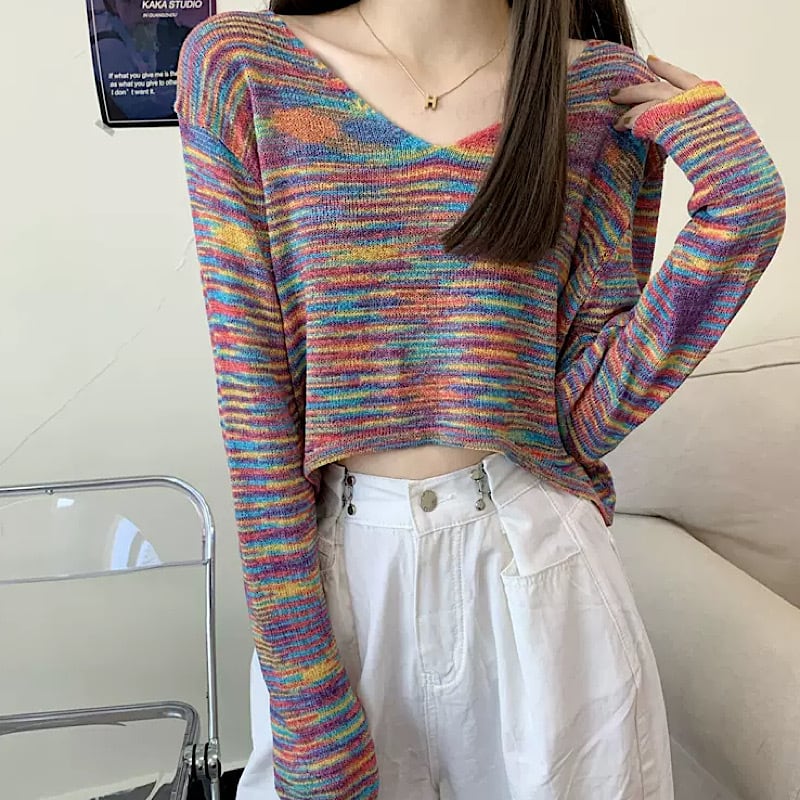 カラフル 可愛い ミックスヤーン ニット クロップド丈 Vネック 骨スト 脚長効果 ショート丈 デコルテ 古着っぽ 韓国ストリート カジュアル キュート Lamitte Deco トレンド 韓国ファッション ショップ Base店 カラフル 可愛い ミックスヤーン ニット クロップド丈 Vネック 骨スト 脚長効果 ショート丈 デコルテ 古着っぽ 韓国ストリート カジュアル キュート Lamitte Deco トレンド 韓国ファッション ショップ Base店