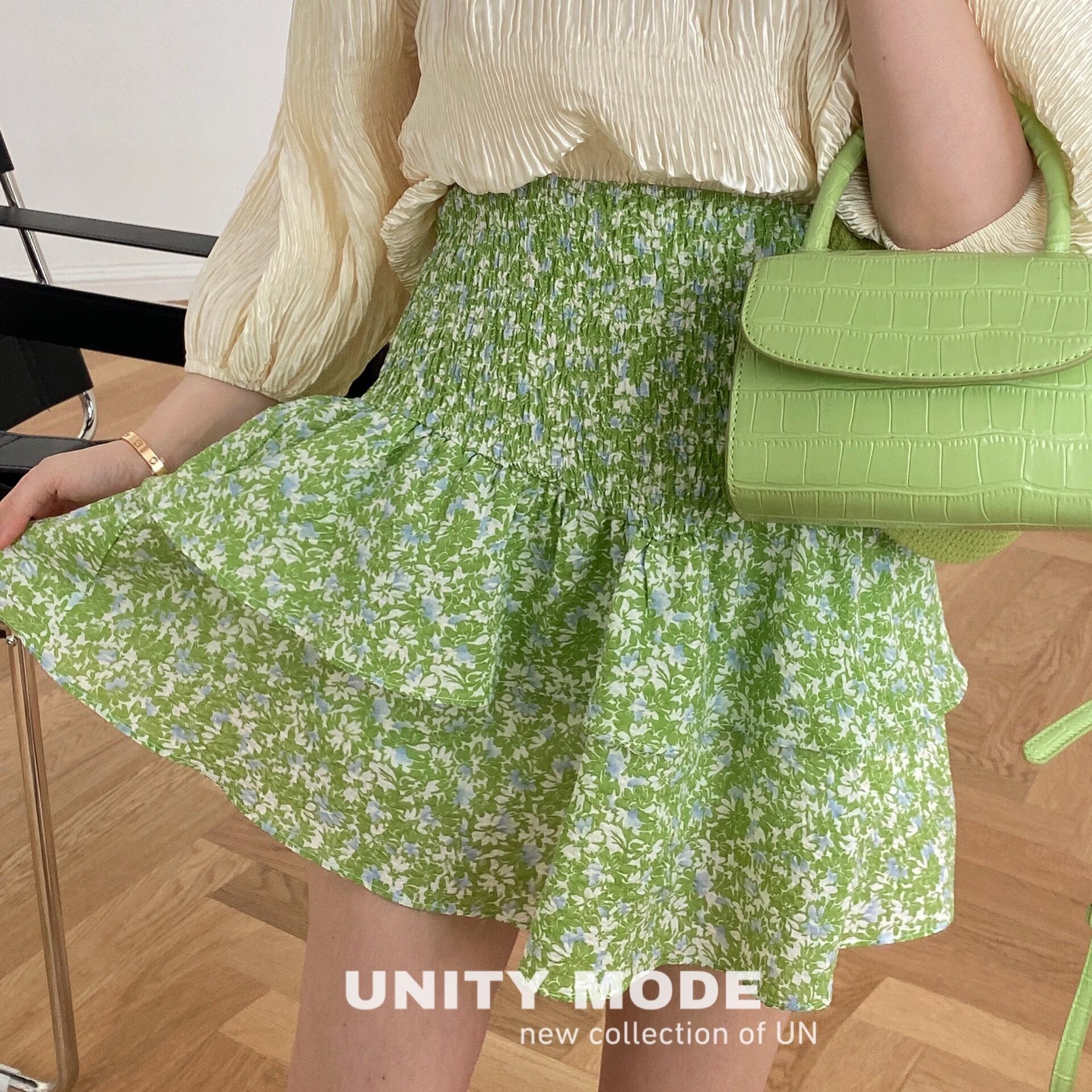 プリーツストレッチハイウェストウェスト薄手Aラインスカート フローラルサマーショート エラスティック 伸縮 ふわふわ 夏物 花柄 ビッグFスモールZ韓国3173831914