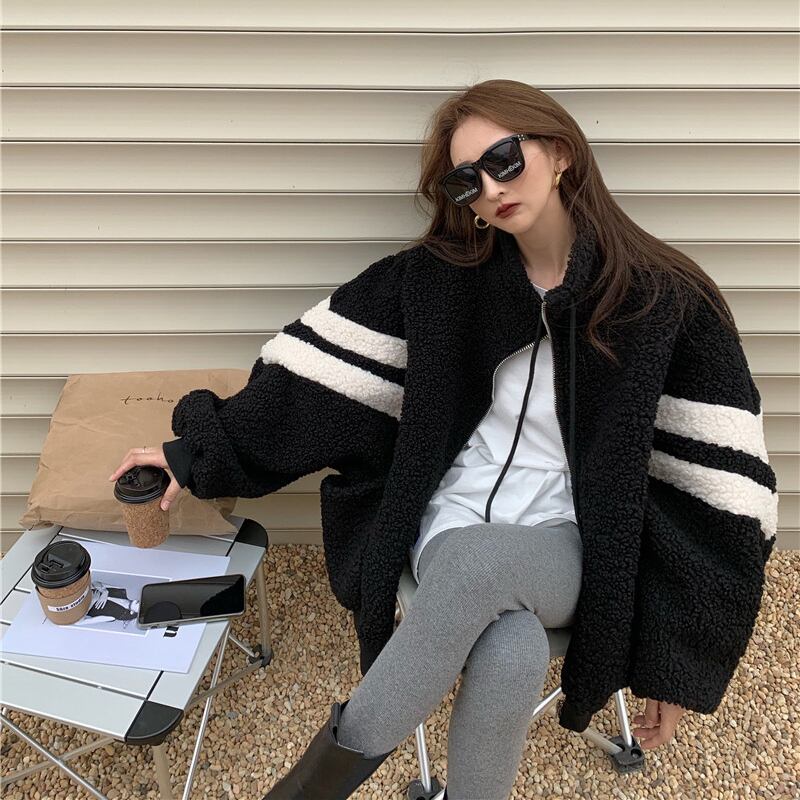 ストライプショートコート オータムウィンターベルベットルーズカラートップス 秋物 冬物 ブラックストロベリース13859110656