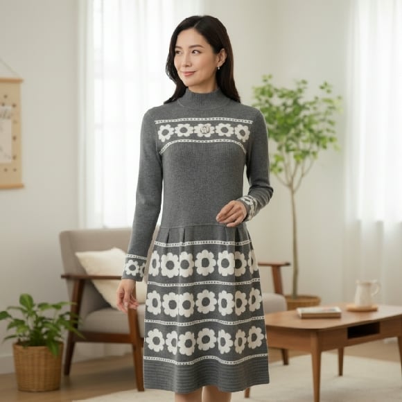 スーパービューティー ワンピース 花柄ジャガード ハイネックニットワンピ フラワーモチーフ 切替デザイン2521050 グレー 2025年秋冬 オーラボー Super Beauty 上品ミセス 30代 40代 50代 60代