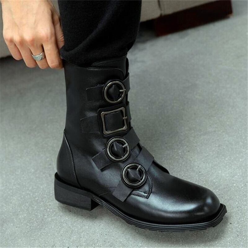 【新作】【送料無料】 メタルバックルの装飾を高めるプラットフォームレディースハイヒールブーツブラックラウンドトゥハイヒールブーツ冬のレディースブーツ 靴 シューズ ウィンター 冬物 ラウンドトー 10b316962080847
