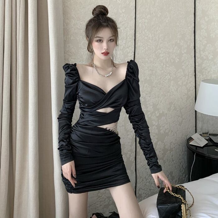 ウェストチェーン ドレス スプリングスリムフィットスカート ブラック ロング 春物 1号婦人14603650434