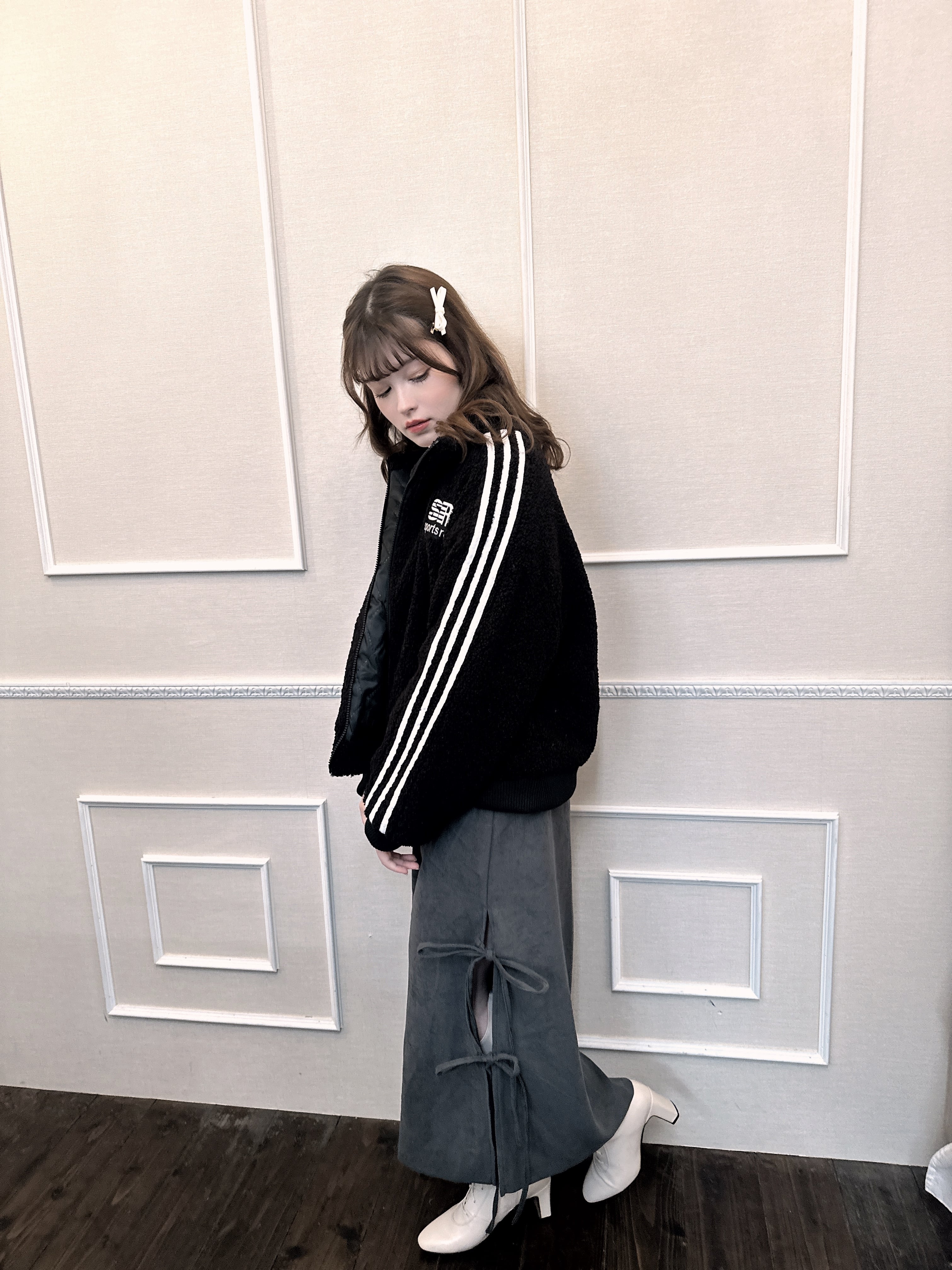 【LAST2】side slit ribbon skirt-BEIGE