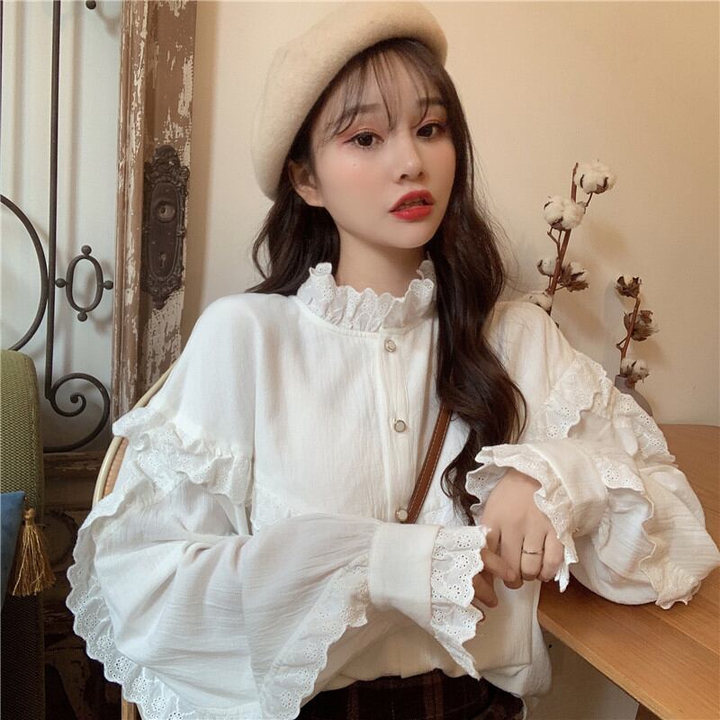 スタンダードレーススタイルシャツ スプリングブラウス ロング レトロ 春物 萌量不足54897336367