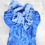 フラダンス 衣装 ワンピース ドレス ブルー系 CC Fashions ハワイ製 プルメリア柄 モンステラ柄 ハワイアンプリント アロハ フラ ダンス レッスン 練習 フリル 華やか 鮮やか さわやか 上品 かわいい おしゃれ 大人っぽい 青 水色 フラダンス用 トロピカル 美しい 夏 軽やか 柔らかい フェミニン