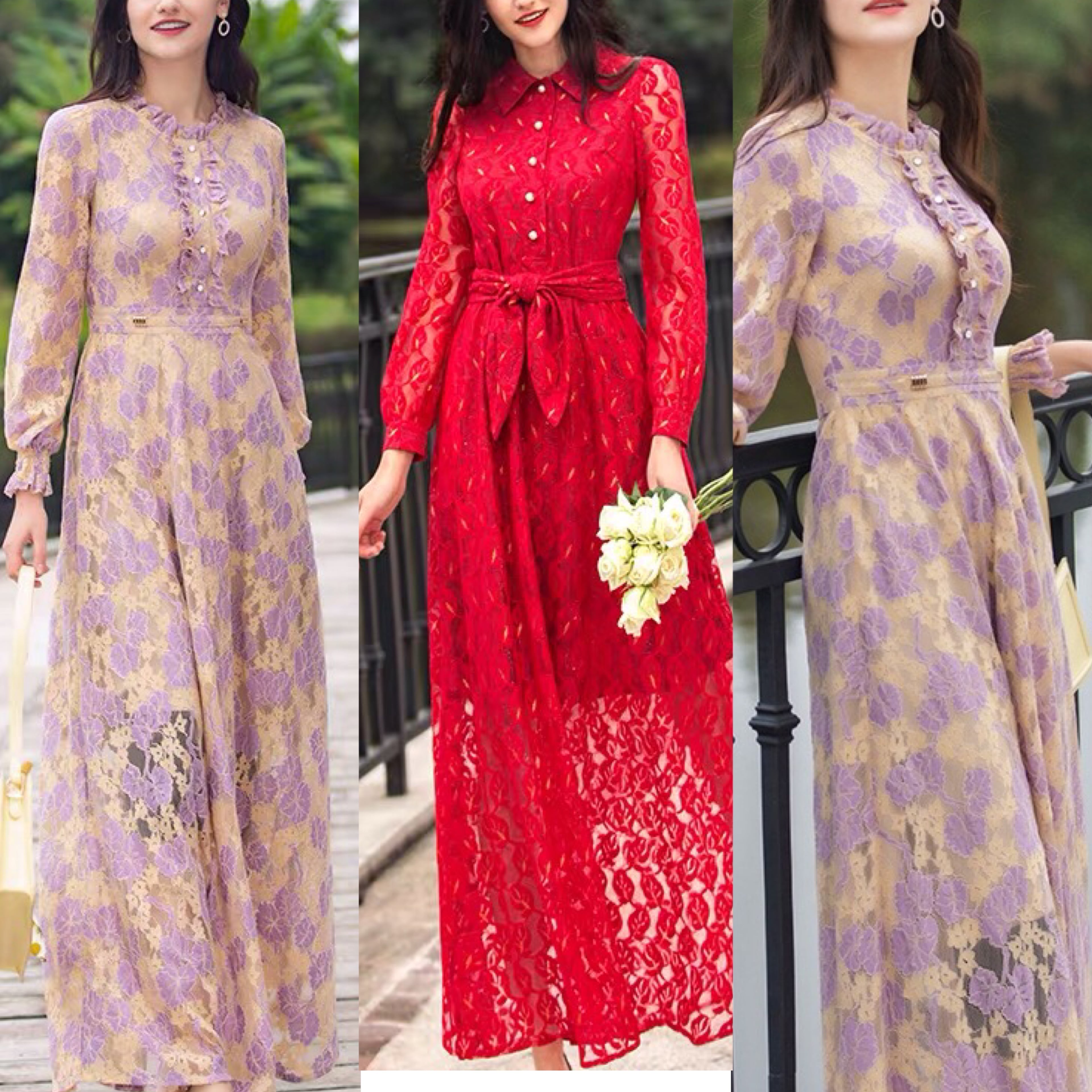 アトリエまりこ　花柄刺繍 赤 ロングニットワンピース アトリエまりこ 花モチーフ刺繍レース ロングニットワンピース - メルカリ