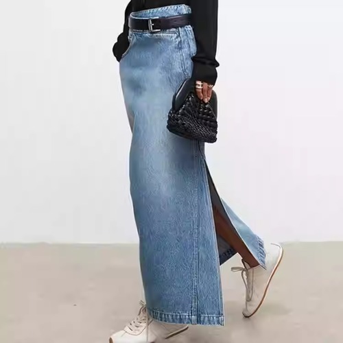 【デニムハイウエストロングスカート】P00818