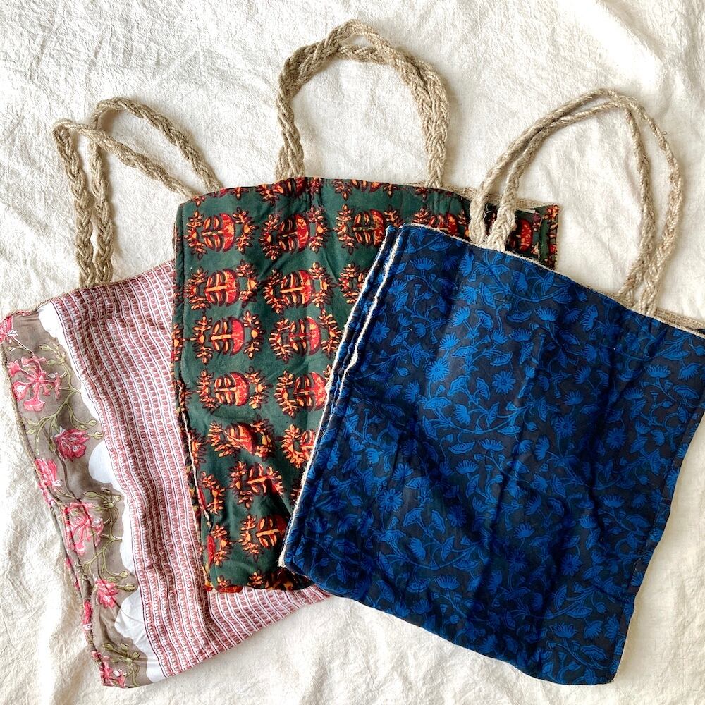 ジュート × ブロックプリントのトートバッグ|L