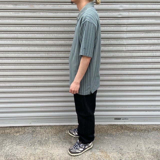00s NIKE ナイキ　ストライプ柄半袖ポロシャツ　ワンポイント　カーキ　L