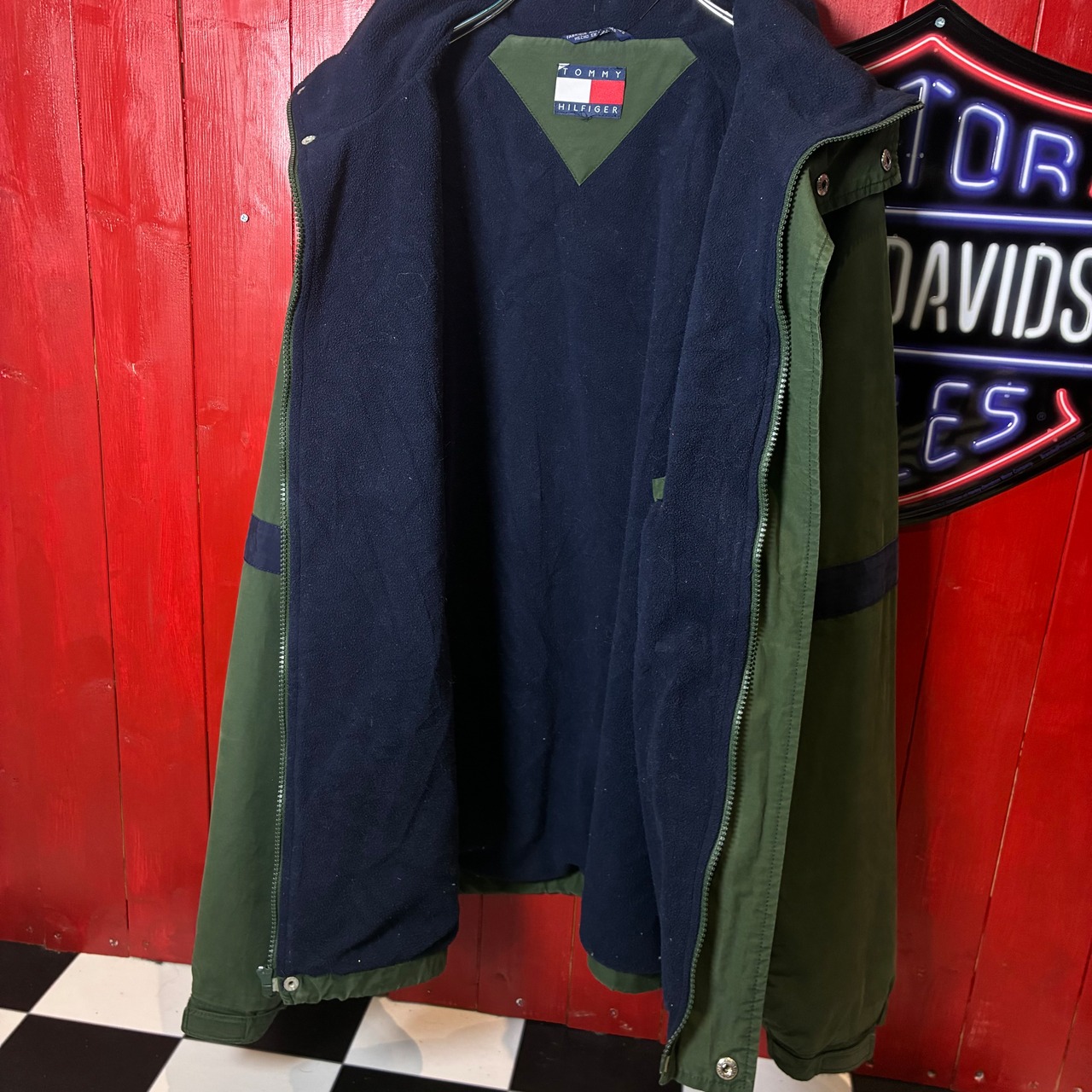 90s TOMMY HILFIGER ナイロンウォームアップジャケット カーキ×ネイビー ドローコード付き