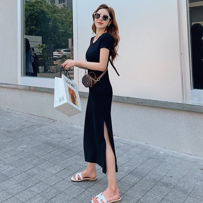 ワンピース シャツワンピース ロング ロング丈 アンクル丈 袖あり 半袖 Uネック ラウンドネック 襟なし スリム タイト 細身 Iライン スリット サイドスリット 伸縮性 かわいい 大人可愛い きれいめ シンプル カジュアル 大人 上品 おしゃれ かっこいい 大人女子 こなれ感 ラフ ワンピース シャツワンピース ロング ロング丈 アンクル丈 袖あり 半袖