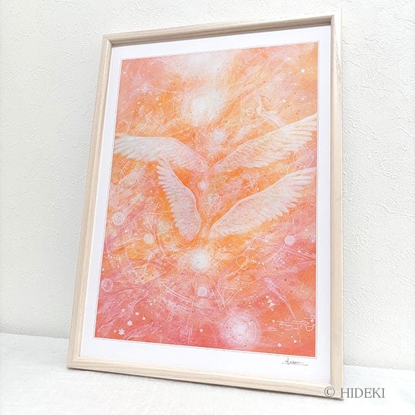 天使の絵「いつも一緒」HIDEKI 直筆サイン入り HYMジクレー版画 A3額縁