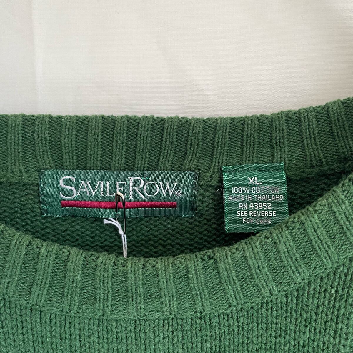 90s SAVILE ROW コットンニット セーター 緑 グリーン 無地 古着 ニット コットンセーター コットン クルーネック ヴィンテージ  ビンテージ 90年代 メンズXL オーバーサイズ 大きいサイズ ビッグシルエット ビッグサイズ ゆるだぼ 23013103