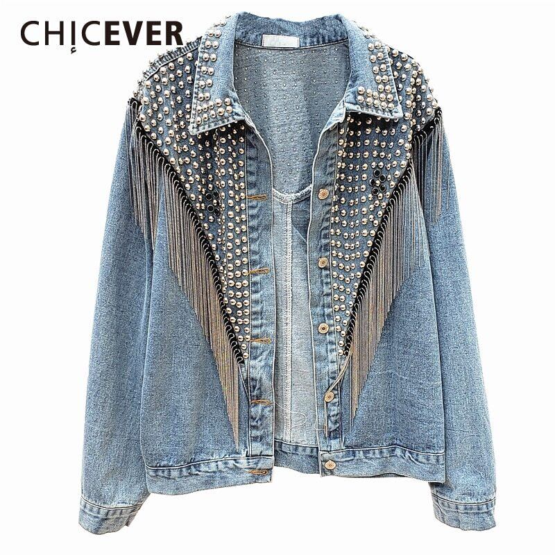 CHICEVERデニムコートレディースラペルカラー長袖非対称リベットTelVintageオーバーサイズコート2020春 ロング スプリング 春物 ビンテージ 6base594813883383