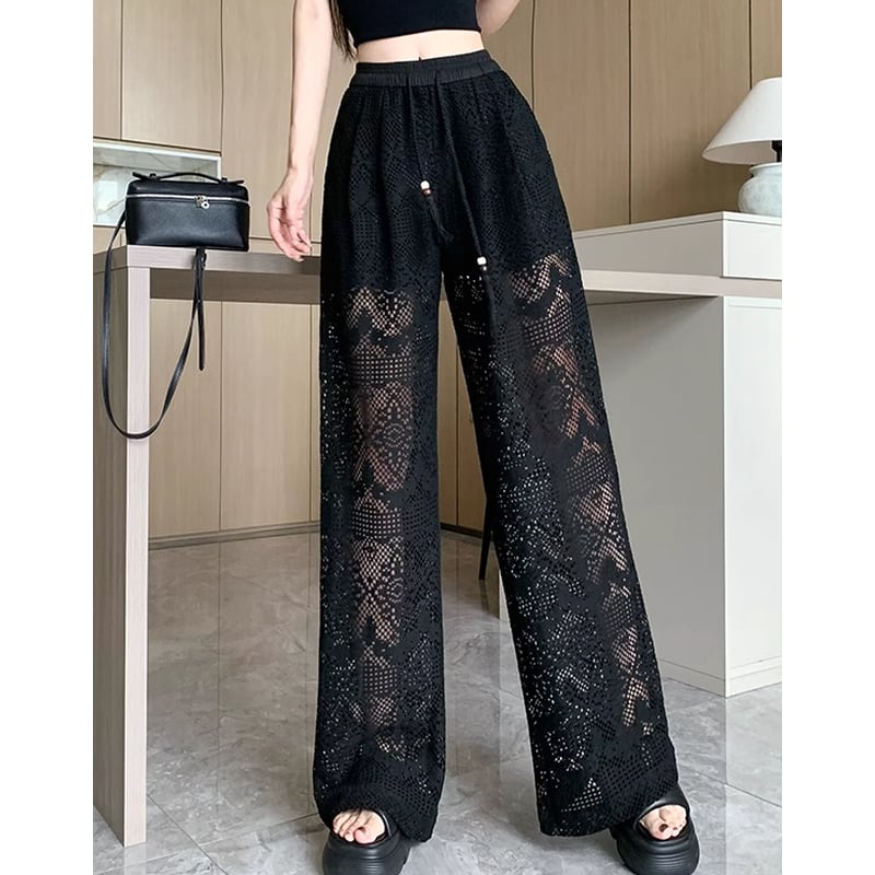 see-through lace top wide leg drawstring cropped pants la1582