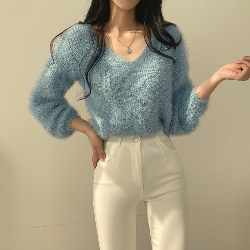 シャギーニット ふわふわ vネックトップス vネック トップス