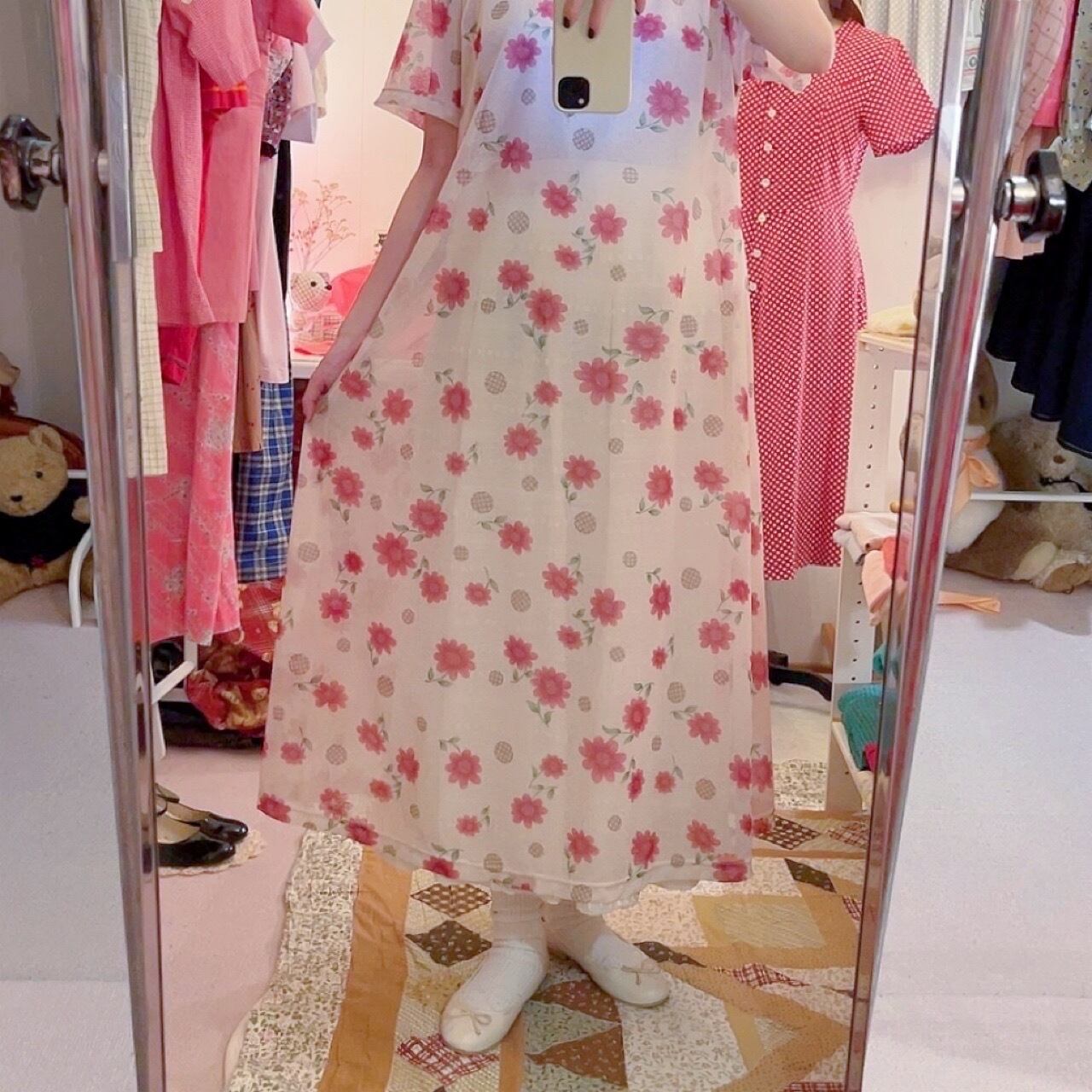 flower and check dot sheer one-piece