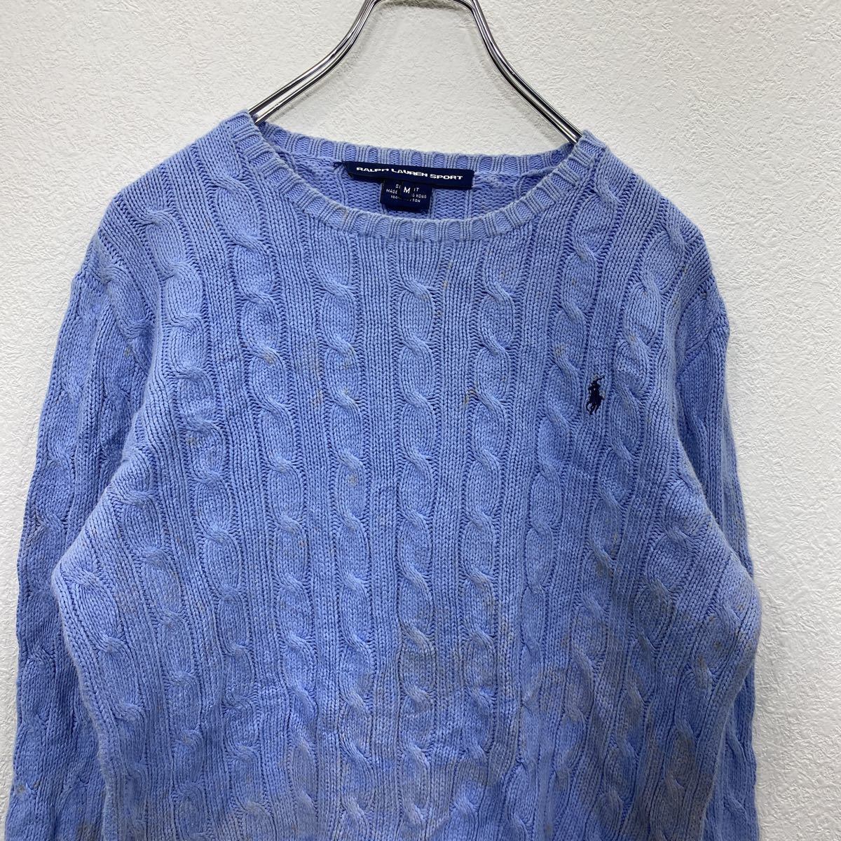 RALPH LAUREN SPORT ケーブルニット レディース M ブルー ラルフローレンスポーツ 丸首セーター ロゴ 古着卸 アメリカ仕入  t2201-4722