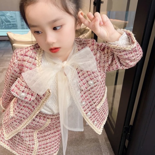 卒園式 子供服 ジャケット シャツ スカート 3点セット スリーピース ノーカラー リボン 女の子 ガールズ キッズ パールボタン シングルブレスト お呼ばれ フォーマル 発表会 入学式 入園式