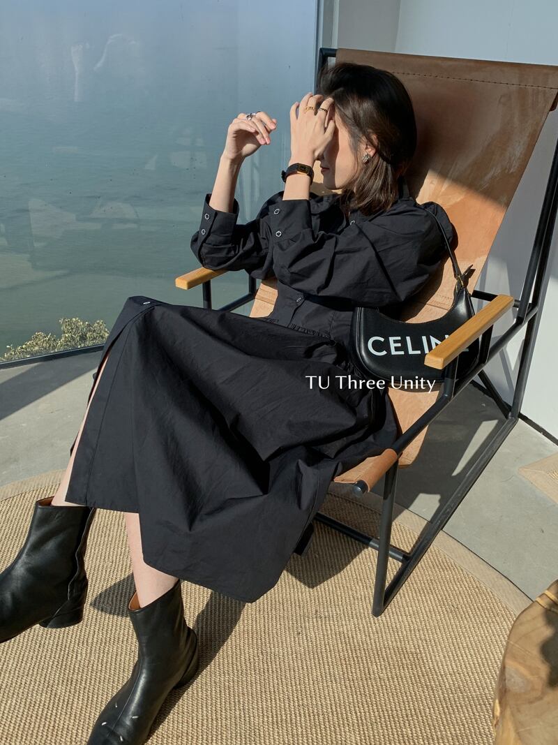 シャツ ドレス ルーズ長袖スリーブスプリングスカート レディース ロング 春物 ビッグFスモールZ韓国93363321603