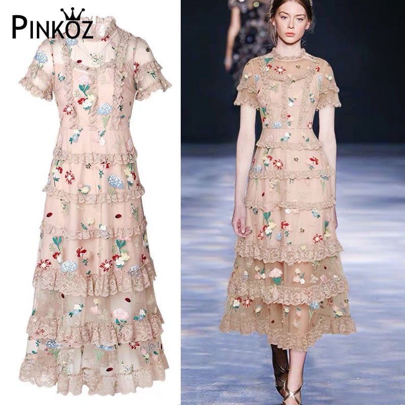 Pinkoz 甘い花の刺繍ミディ シャーリング パッチワーク メッシュ Pinkoz 甘い花の刺繍ミディ シャーリング パッチワーク メッシュ