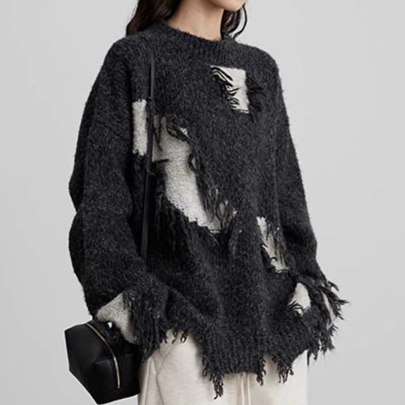 Damaged design fringe knit V2013