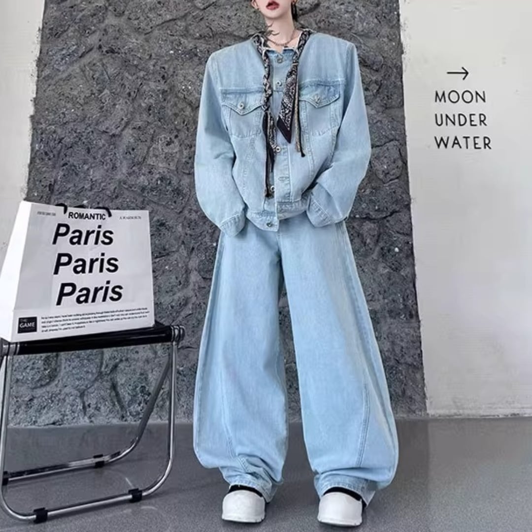 リボン装飾ノーカラーデニムジャケット&ワイドレッグパンツセットアップ D11911