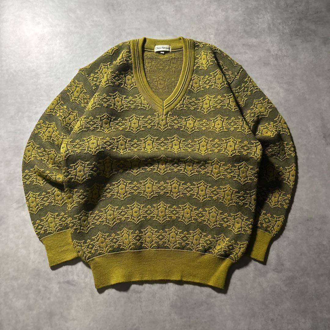 ヴィンテージ イエロー 幾何学 民族模様 レトロ Vネック ニット セーター