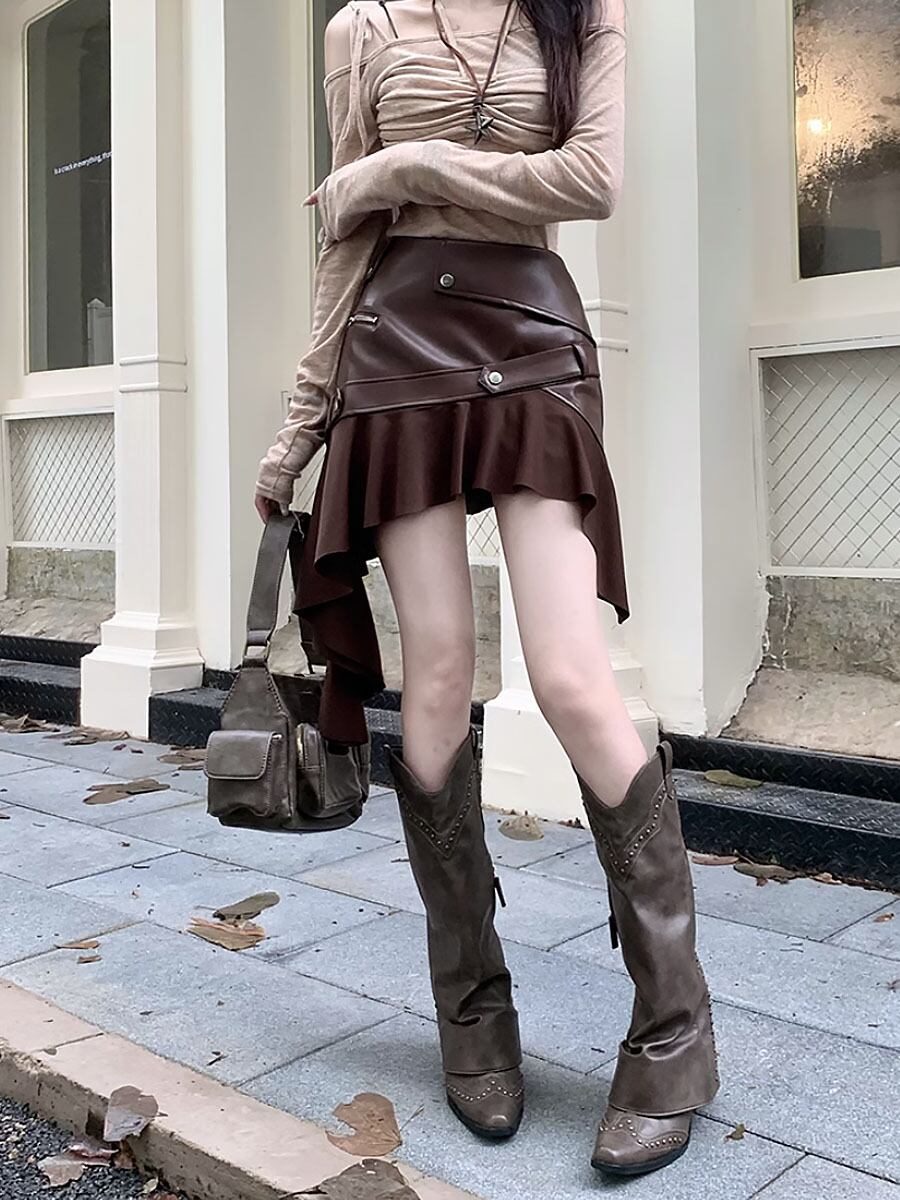 全色 PUレザードッキングアシンメトリーミニスカート ミニスカ ミニ