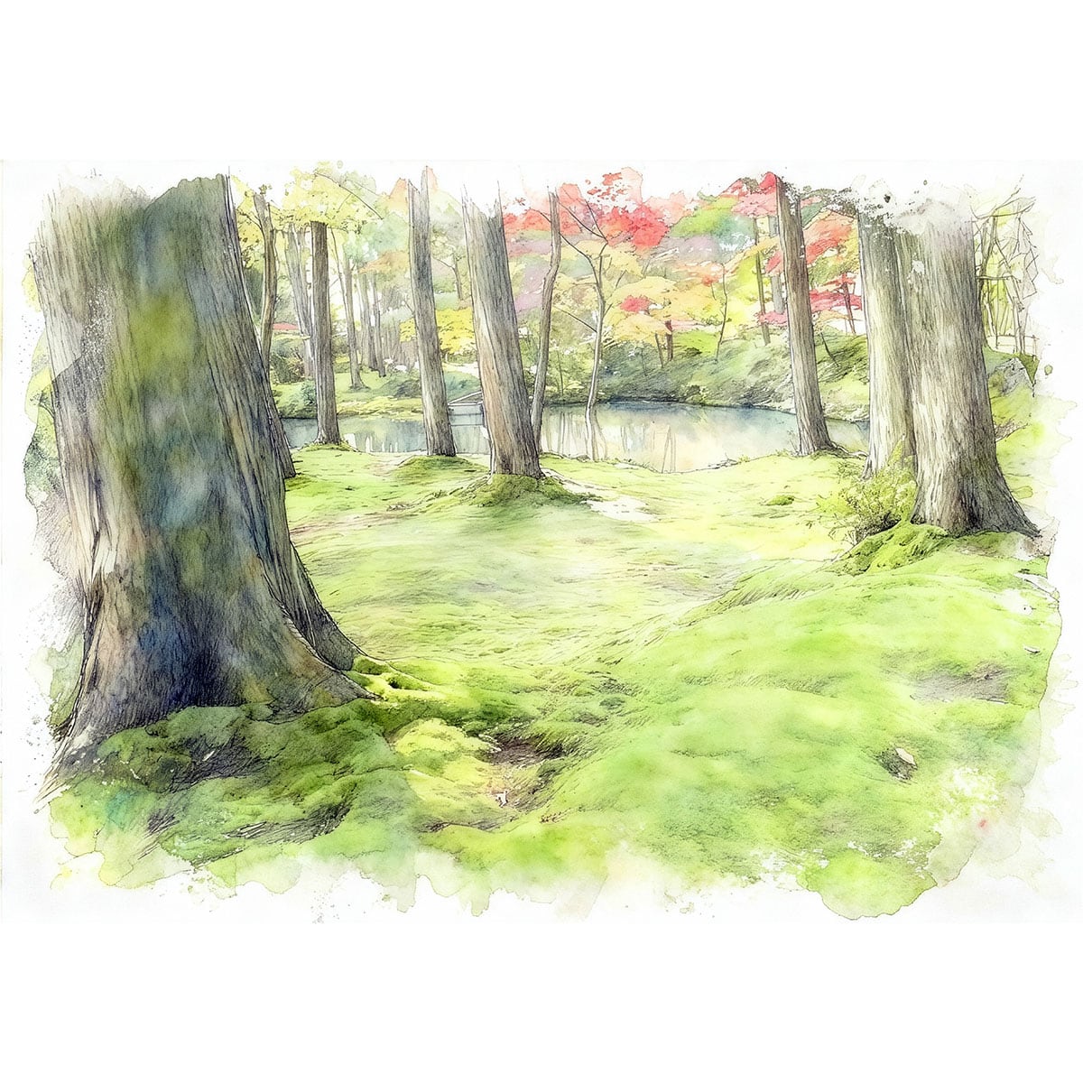 絵画(風景画) 日本 京都府 西芳寺 インテリアアート額付き 水彩画・油絵調 WAT1198