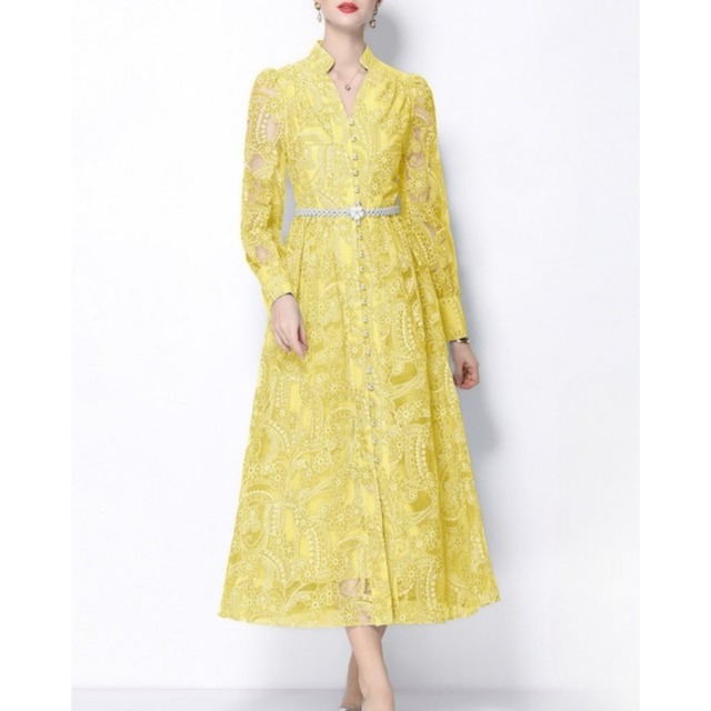 総レースフロントボタンフレアワンピース 3color L2118