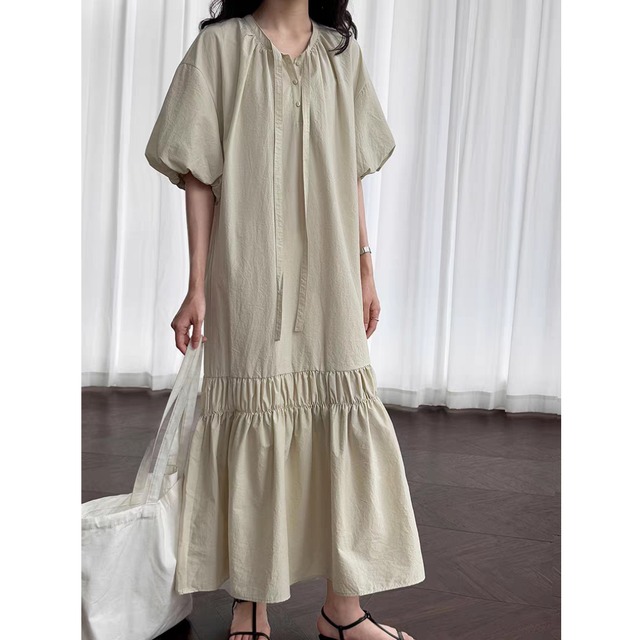 パフスリーブギャザーリボンワンピース　0147