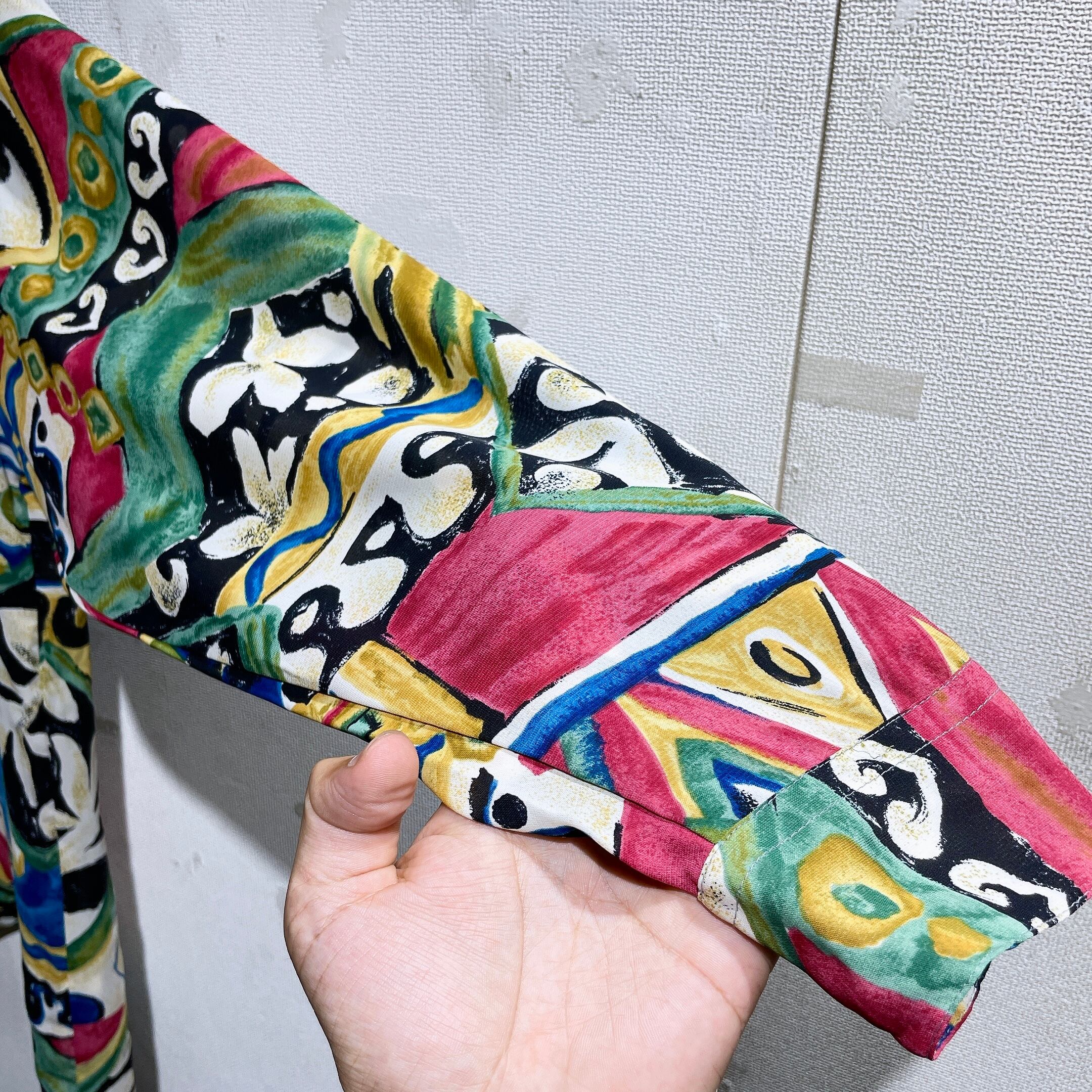 1990s Psychedelic art pattern Design vintage Drape loose Open collar shirt