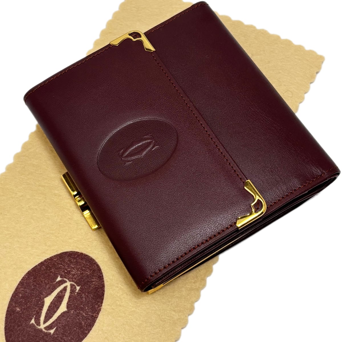 中古】 カルティエ マストドゥカルティエ がま口 財布 ボルドー