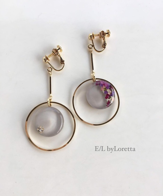 Circle flower stick hoop pierce/earring(Beige)