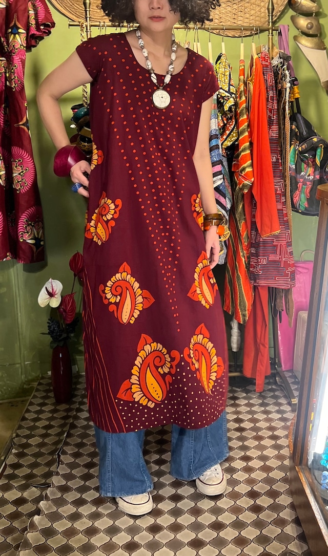 Vintage wine red × paisley cotton dress ( ヴィンテージ ワインレッド ×  ペイズリー柄 コットン ワンピース )