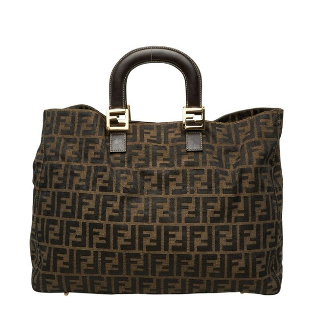 フェンディ ズッカ ハンドバッグ トートバッグ ブラウン キャンバス レザー レディース FENDI 【中古】