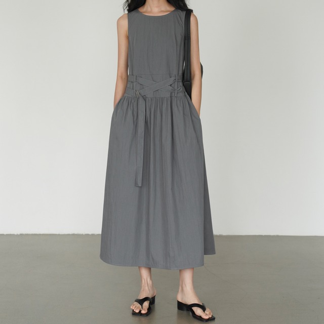 ウエストリボンギャザーノースリーブワンピース　OP3371