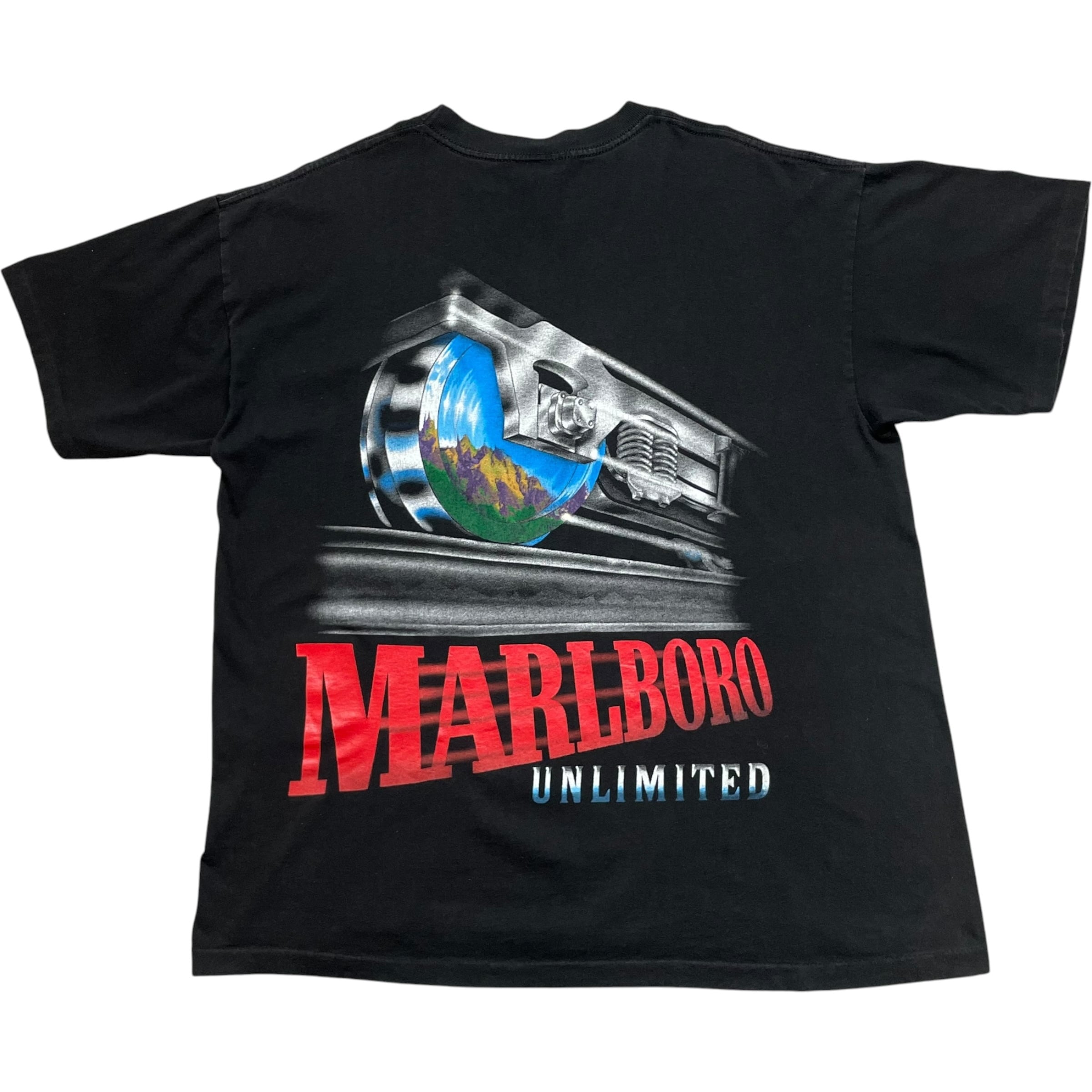《XL》Marlboro Unlimited マルボロ アンリミテッド Tシャツ 両面プリント 胸ポケット トレイン レイルロード ブラック USA製 90年代 vintage no.10499