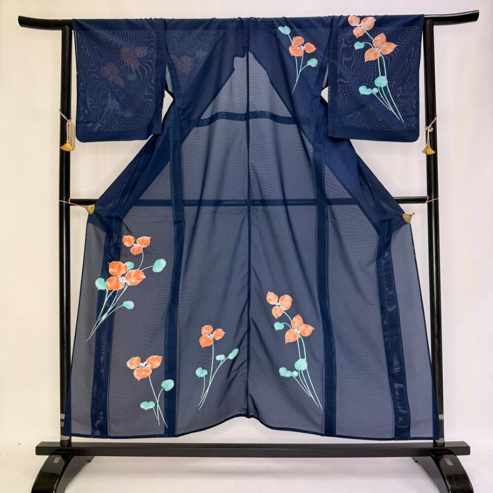 訪問着 付け下げ 絽 夏用 夏 洗える着物 礼装 ポリエステル 裄64.8cm M サイズ 紺 青 6126