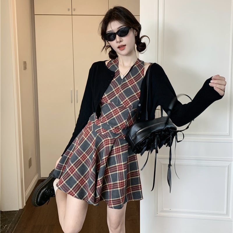 【set】ニットカーデ×チェック柄ワンピースセット M33098