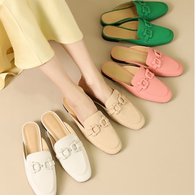 【予約販売】レディース ローファー バブーシュ サンダル スリッパ ぺたんこ ローヒール スクエアトゥ クラシック スタイリッシュ こなれ感 大人可愛い 韓国 全5色 ブラック/グリーン/ホワイト/ピンク/ベージュ 春 夏 22cm/22.5cm/23cm/23.5cm/24cm/24.5cm