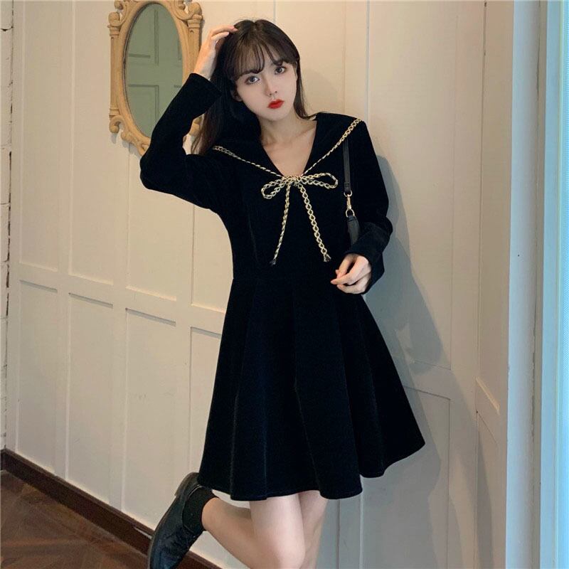 スプリングブラックドレス オータムウィンタースタイルベルベットネイビーカラー薄手 春物 秋物 冬物 萌量不足73773900702