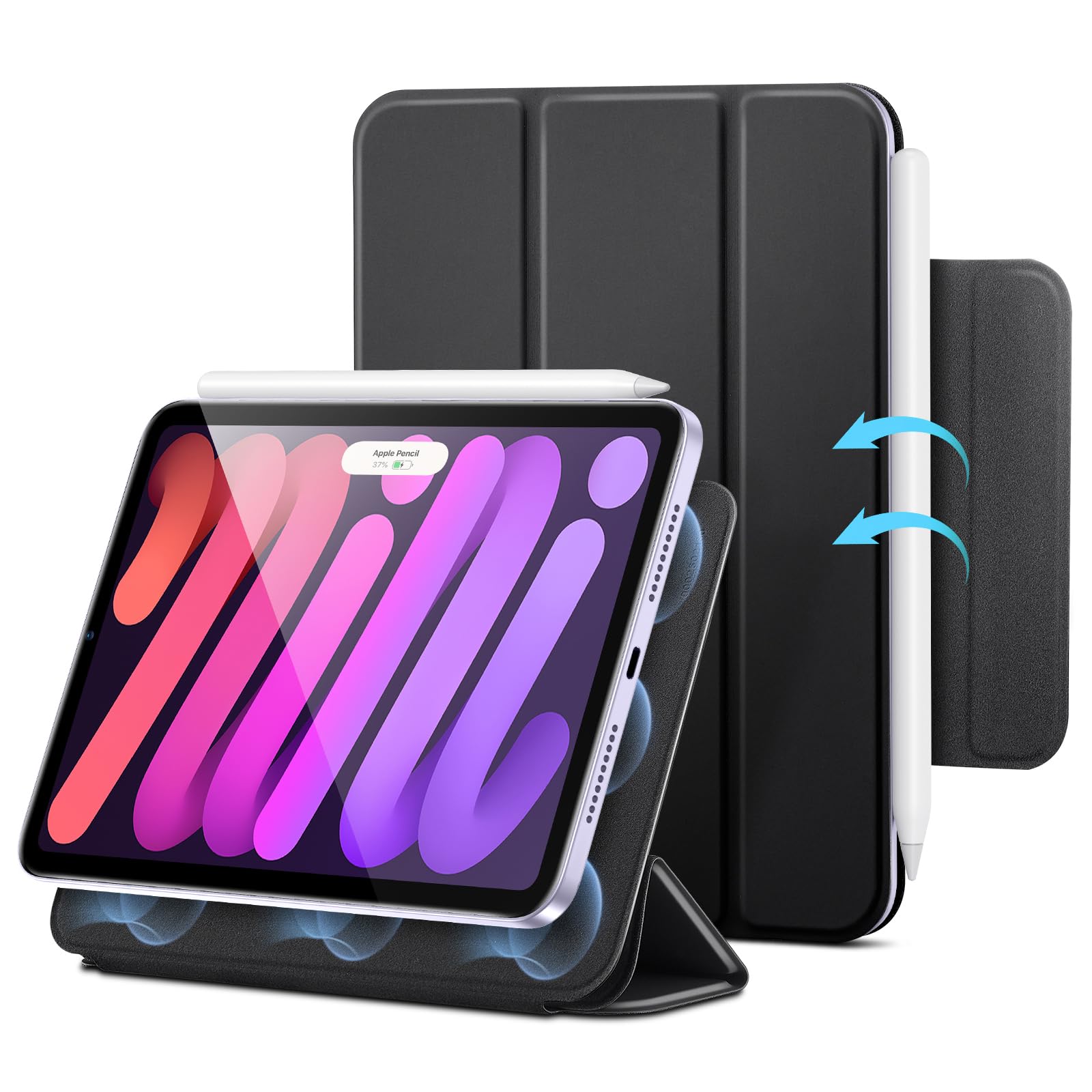 ESR iPad mini 7 ケース(A17 Pro、2024)/ iPad mini 6 ケース(8.3インチ、2021)専用 マグネット吸着式 三つ折り2WAYスタンド マグネットクラスプ付き Pencil Pro/第2世代/USB-C対応 薄型軽量 Reboundシリーズ ブラック