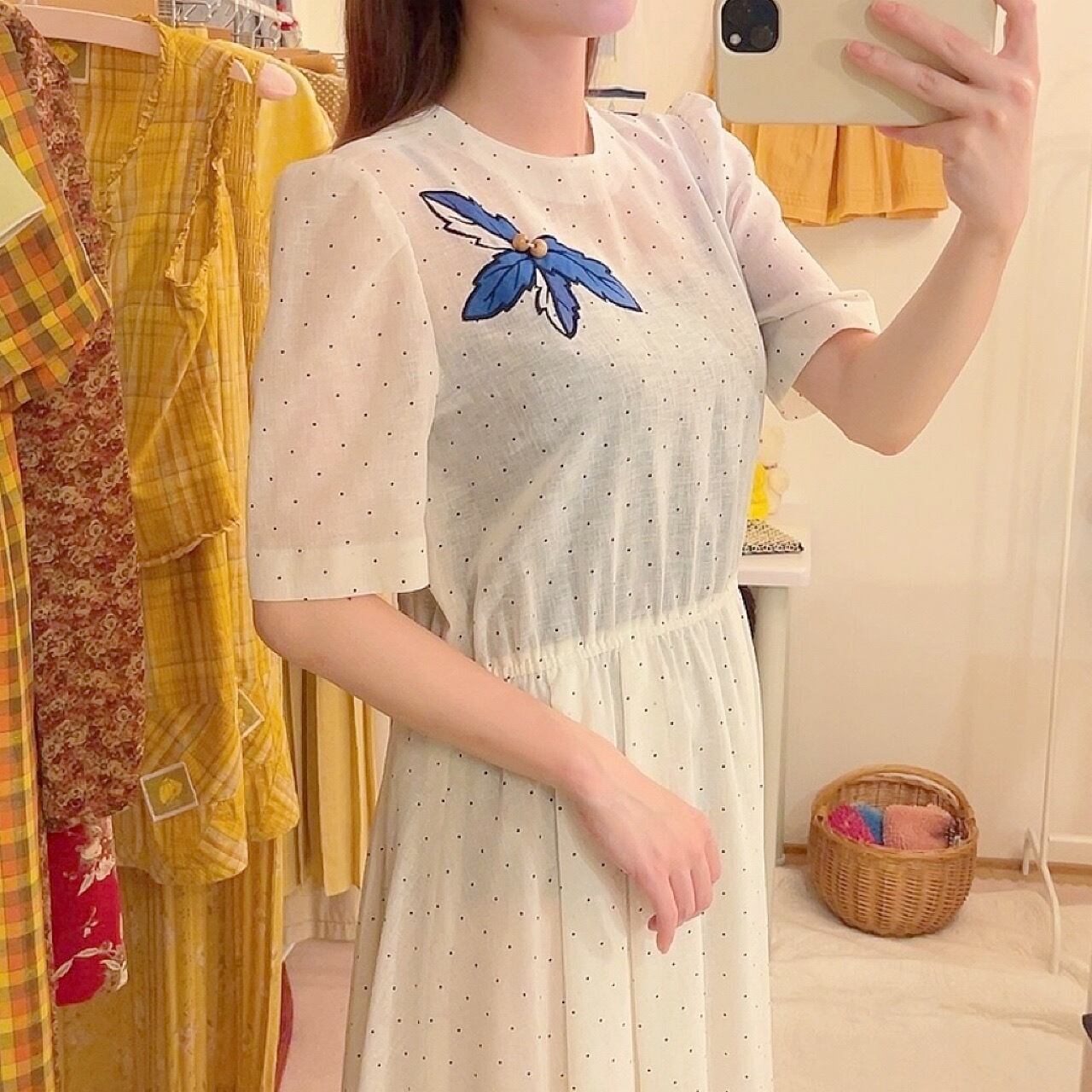 white dot blue leaf one-piece