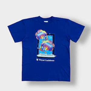 【Royal Caribbean】90s パナマ製 企業系 クルーズ船 プリント Tシャツ ロイヤルカリビアン 熱帯魚 L ブルー シングルステッチ ヴィンテージ US古着