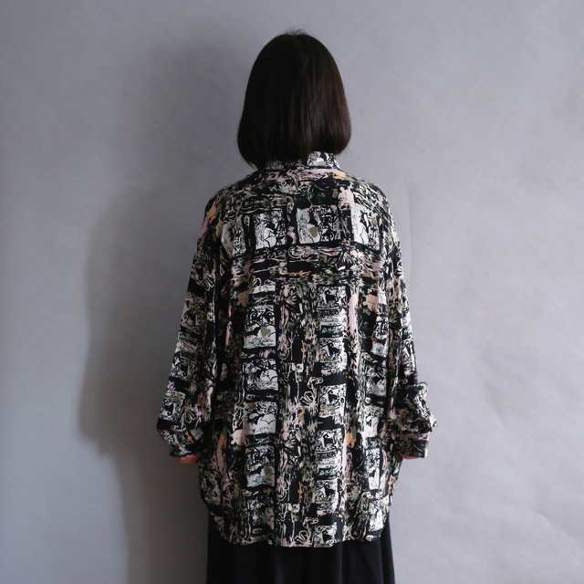 black base art pattern l/s rayon big shirt